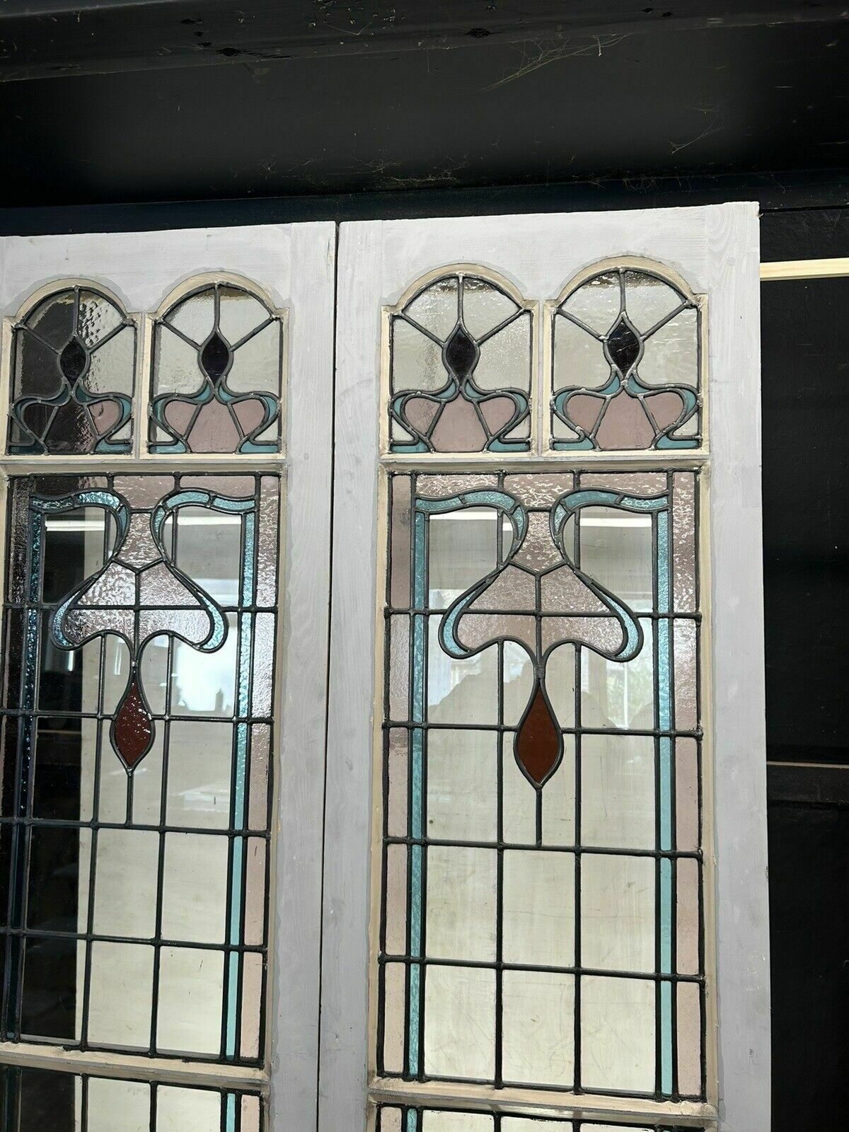 2891.0 Edwardian Stained Glass Doors Antique Period Reclaimed Old French Double Leaded photo