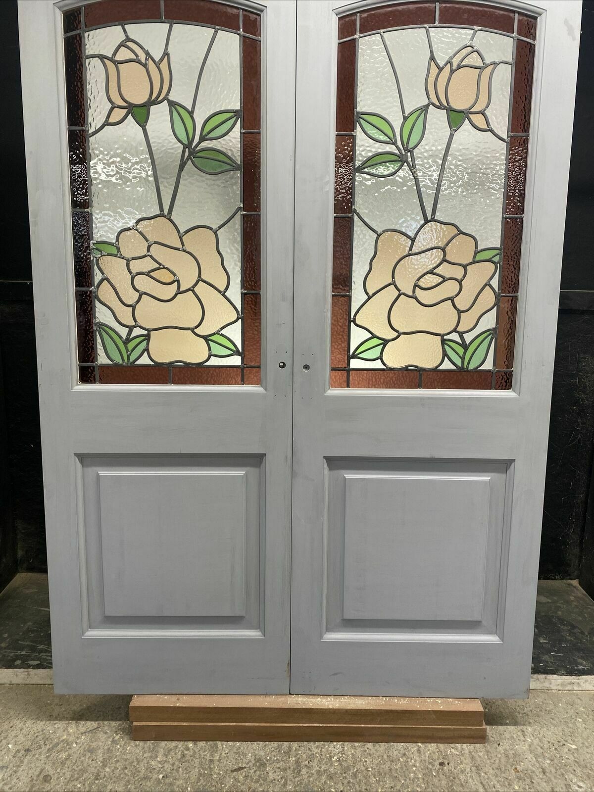 Edwardian Stained Glass French Doors Antique Period Reclaimed Old Leaded Pine photo for sale