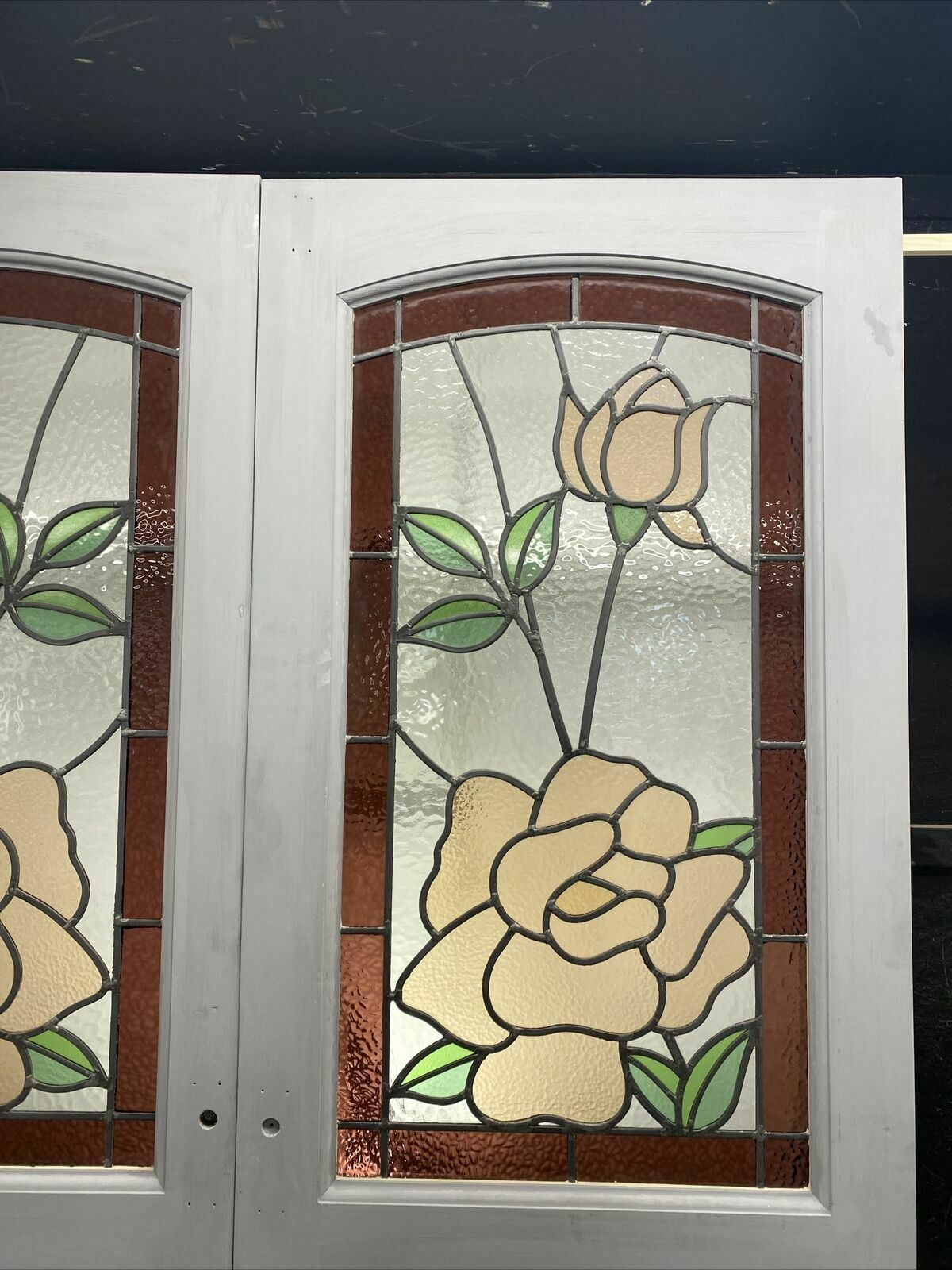 Edwardian Stained Glass French Doors Antique Period Reclaimed Old Leaded Pine photo 2183.0