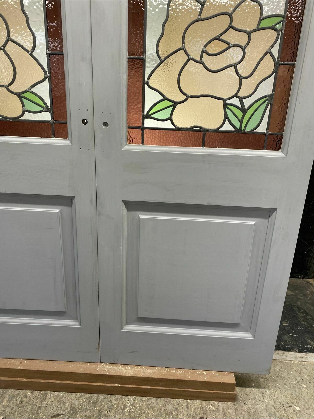 Edwardian Stained Glass French Doors Antique Period Reclaimed Old Leaded Pine photo vinterior