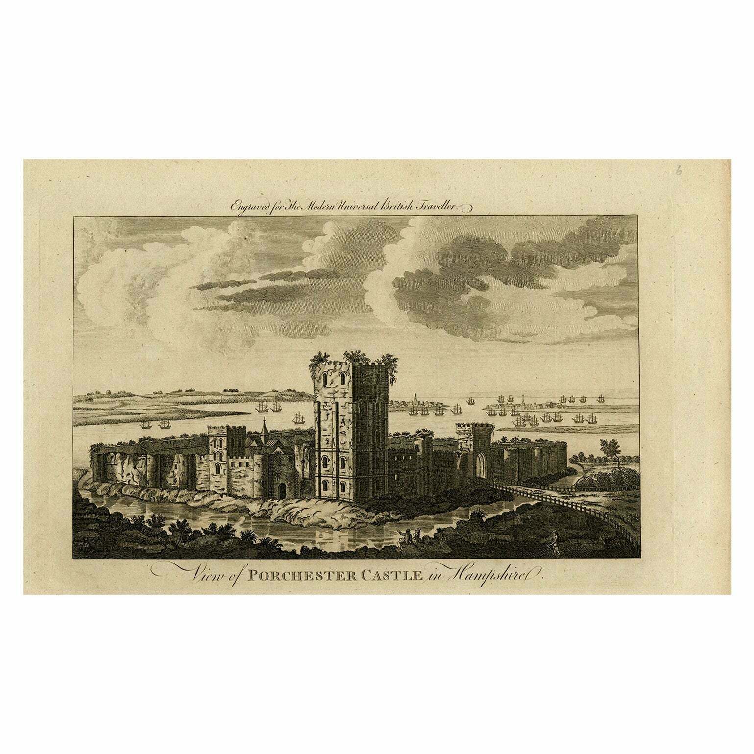 Original Antique Engraved View Of Porchester Castle In Hampshire, Ca.1780