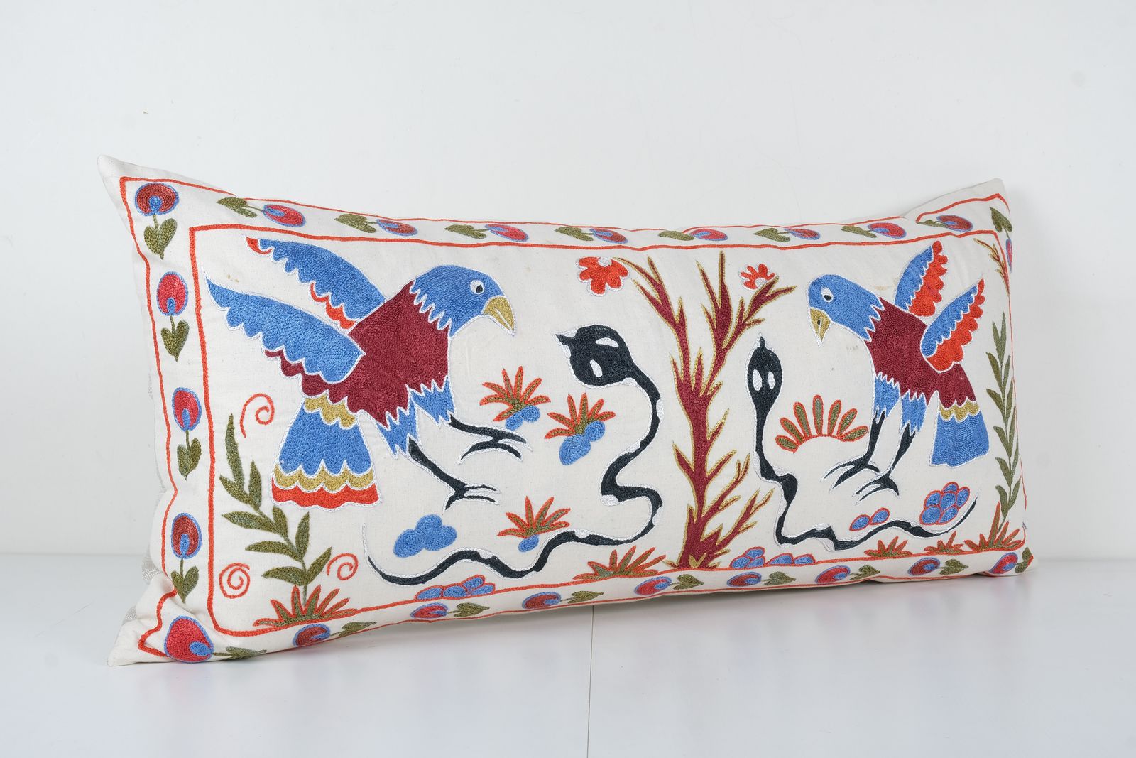 Uzbek Suzani Cover With Animal Motif, Bird Suzani Pillow Case Made From Cotton Fabric photo furniture