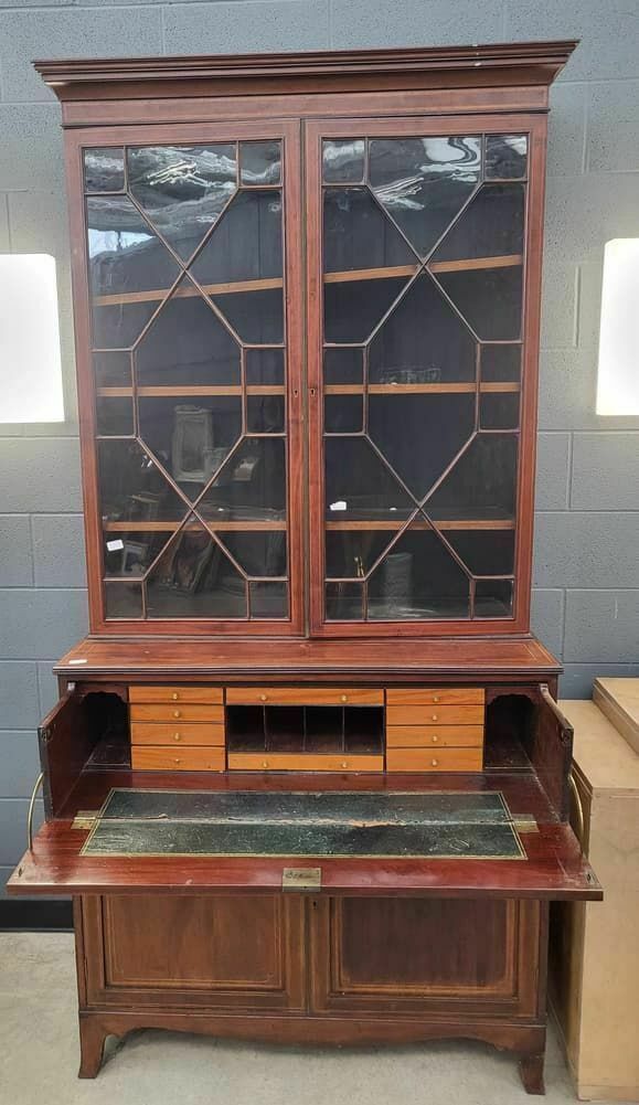 Antique Georgian Inlaid Mahogany Large Secretaire Bookcase Splayed Legs Drawers photo for sale