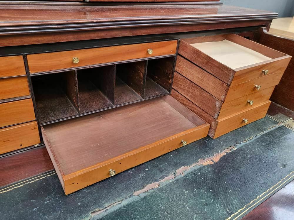 photo for sale Antique Georgian Inlaid Mahogany Large Secretaire Bookcase Splayed Legs Drawers