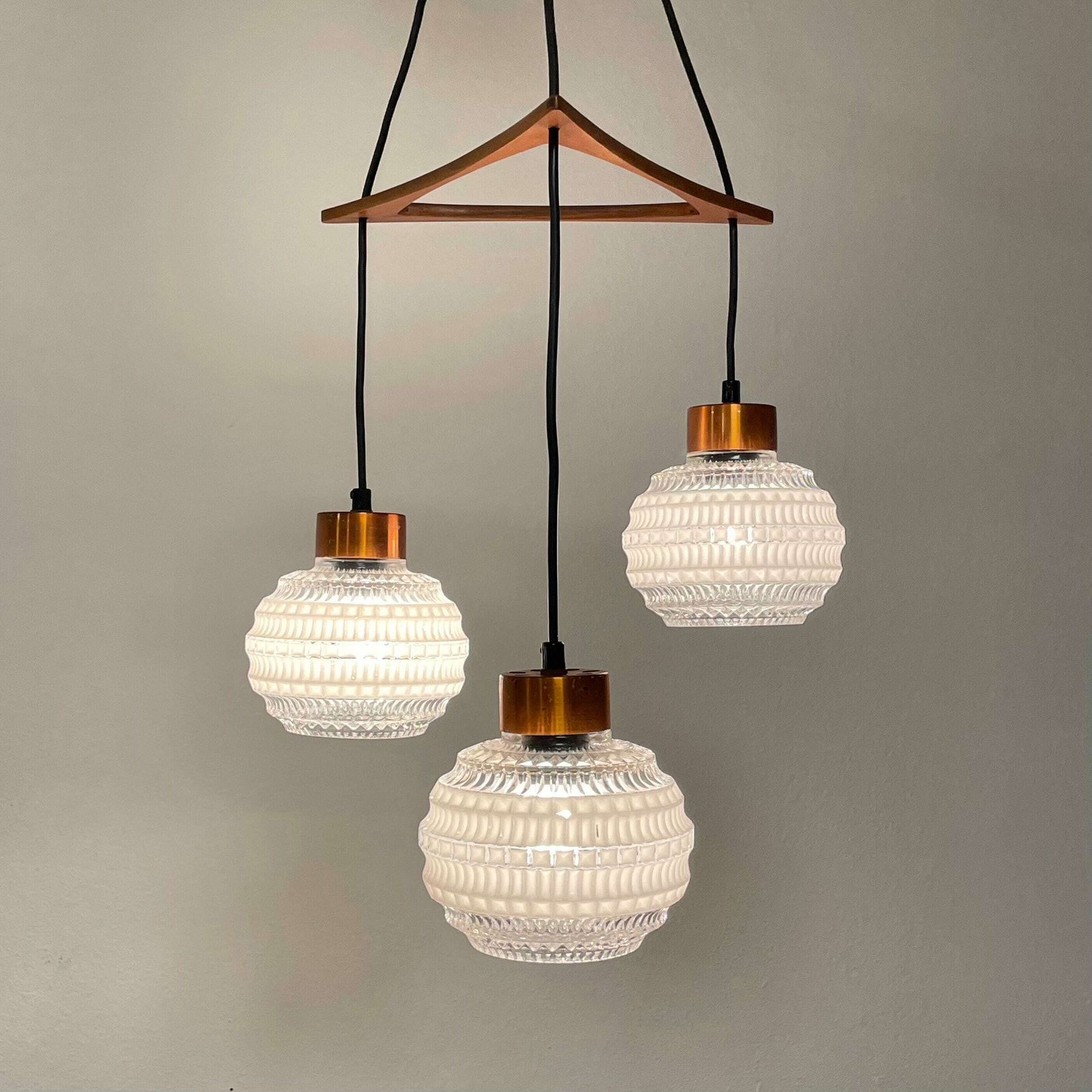 Danish Mid Century Modern Exclusive Vintage Tripple Glass And Wood Ceiling Lamp With Elegant Details And Gorgeous Design