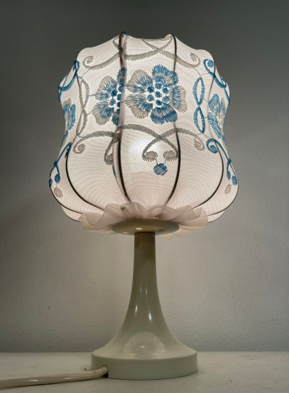 Cute German 1970s Mid Century White Plastic Table Lamp With Embroidery On Fabric Shade And Lace Details   Design By Aro Leuchte photo Lighting