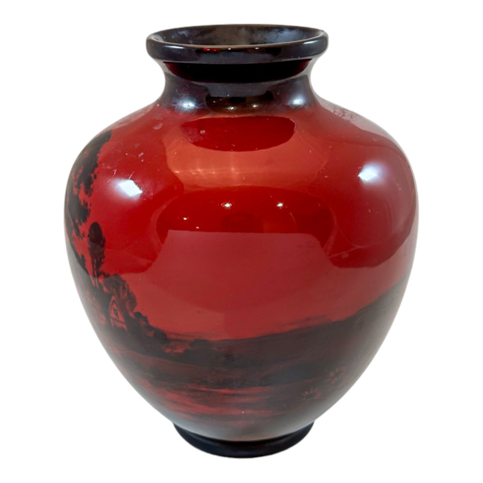Art Deco Pair Red Flambe Folk Porcelain Urns Vases, Charles Noke, Royal Doulton photo vinterior