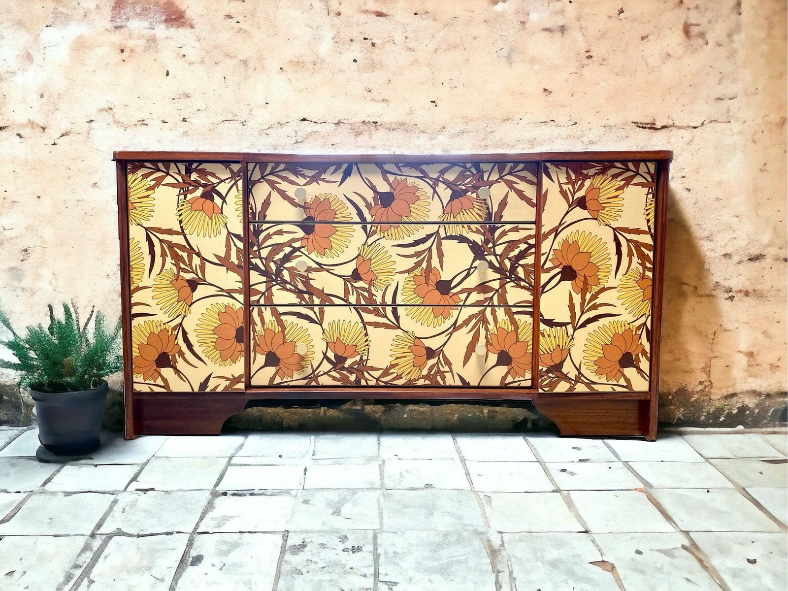 Upcycled Vintage Mid Century Sideboard, Tv Unit , 1970's Floral Print , Living Room, Dining Room Storage. photo vinterior