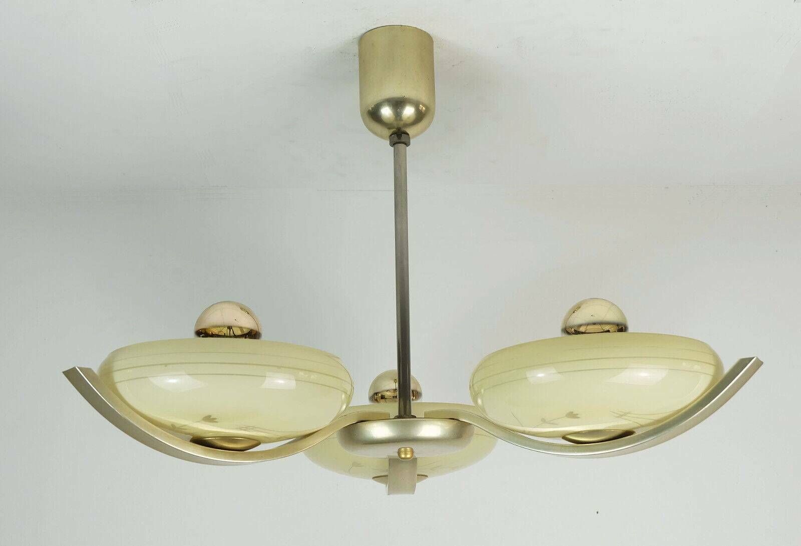 Art Deco Ceiling With 3 Glass Lampshades 1930s 40s Glass And Metal Avant Garde Design From The 30s photo for sale