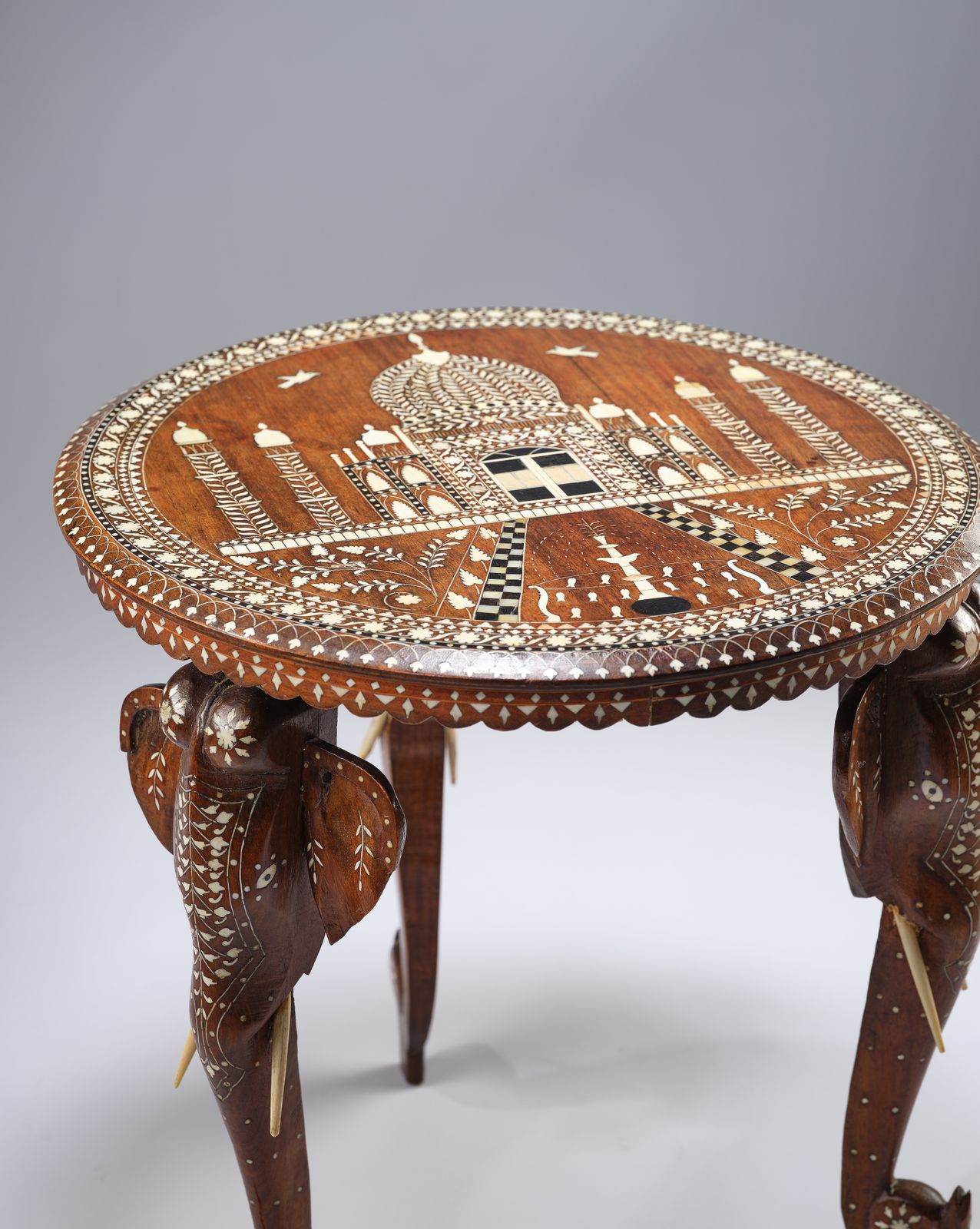 The Antique 'Taj Mahal' Inlaid Teak Elephant Side Table Circa 1910. photo furniture