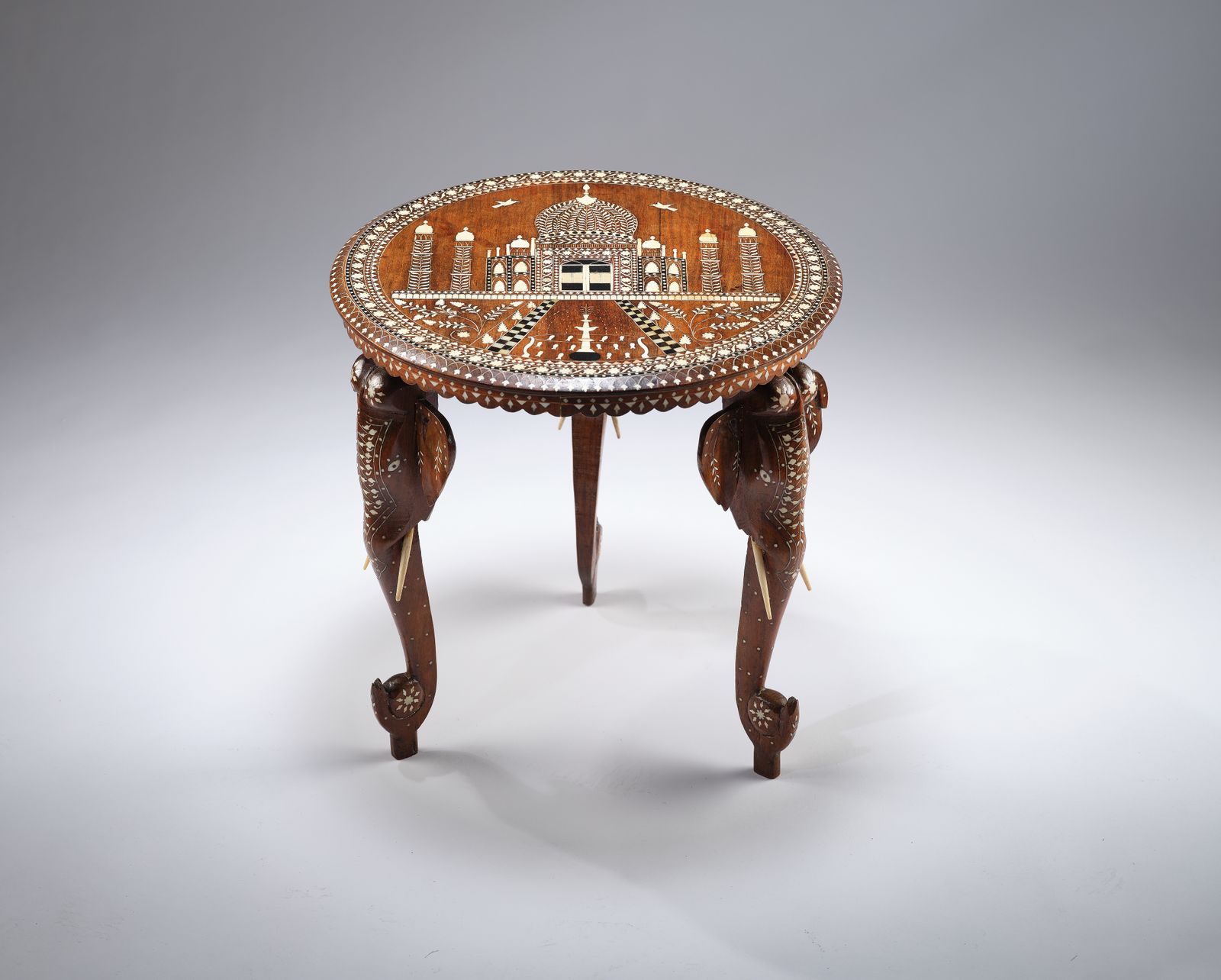 The Antique 'Taj Mahal' Inlaid Teak Elephant Side Table Circa 1910.