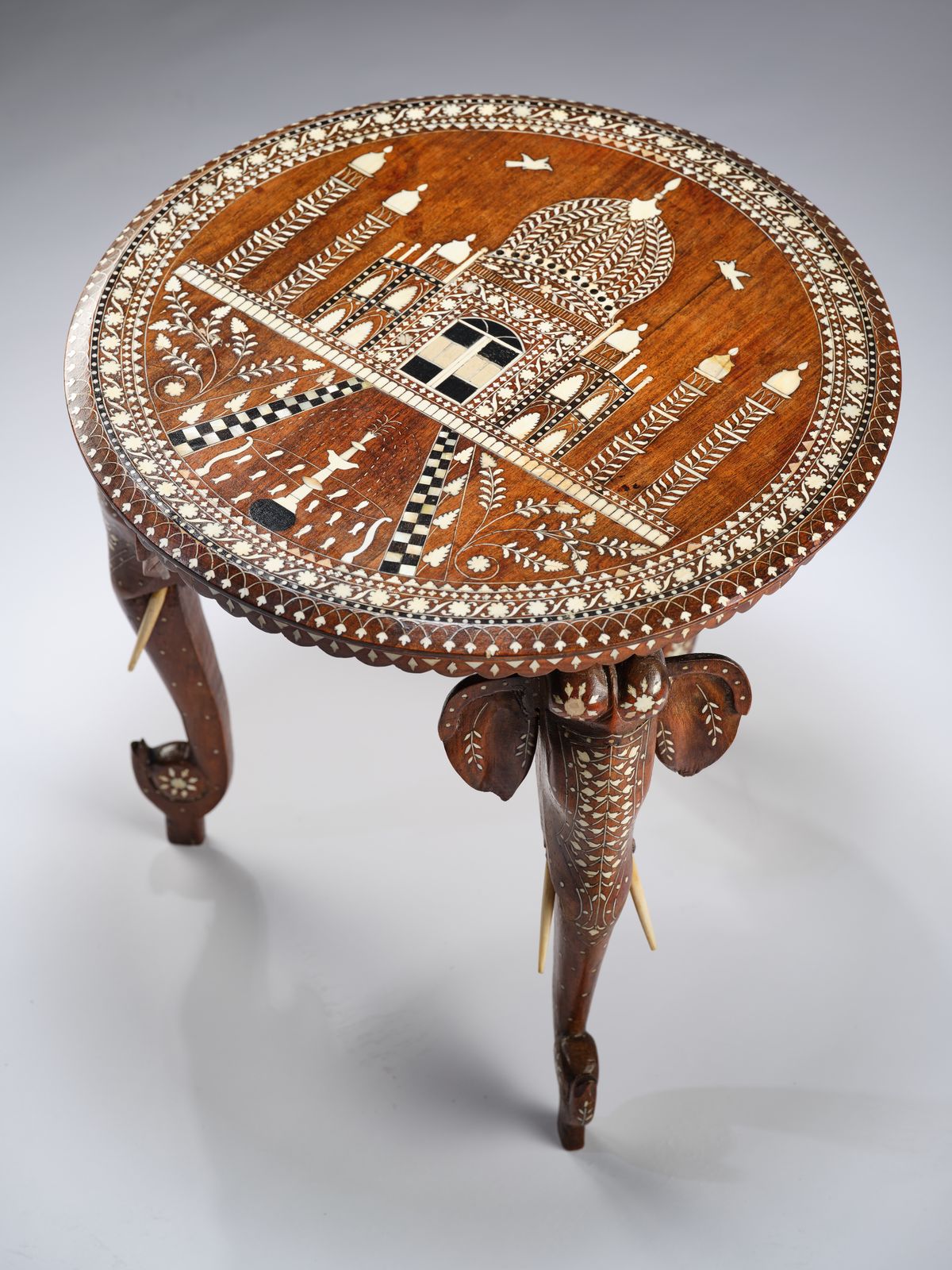 The Antique 'Taj Mahal' Inlaid Teak Elephant Side Table Circa 1910. photo for sale
