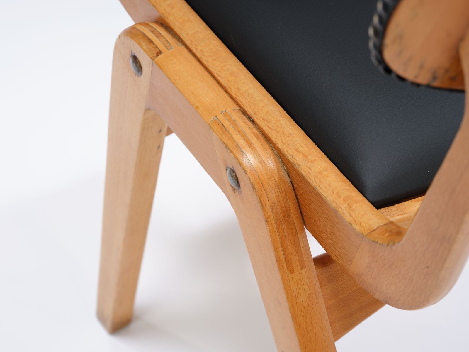 Vintage Stackable Beech 'Ben Cafe Chair' Reupholstered In Soft Expresso Leather With Stud Detailing, Circa 1960's, 8 Available. photo vinterior