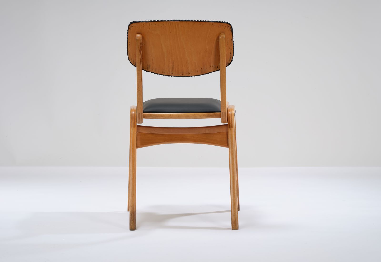Furniture Vintage Stackable Beech 'Ben Cafe Chair' Reupholstered In Soft Expresso Leather With Stud Detailing, Circa 1960's, 8 Available. photo