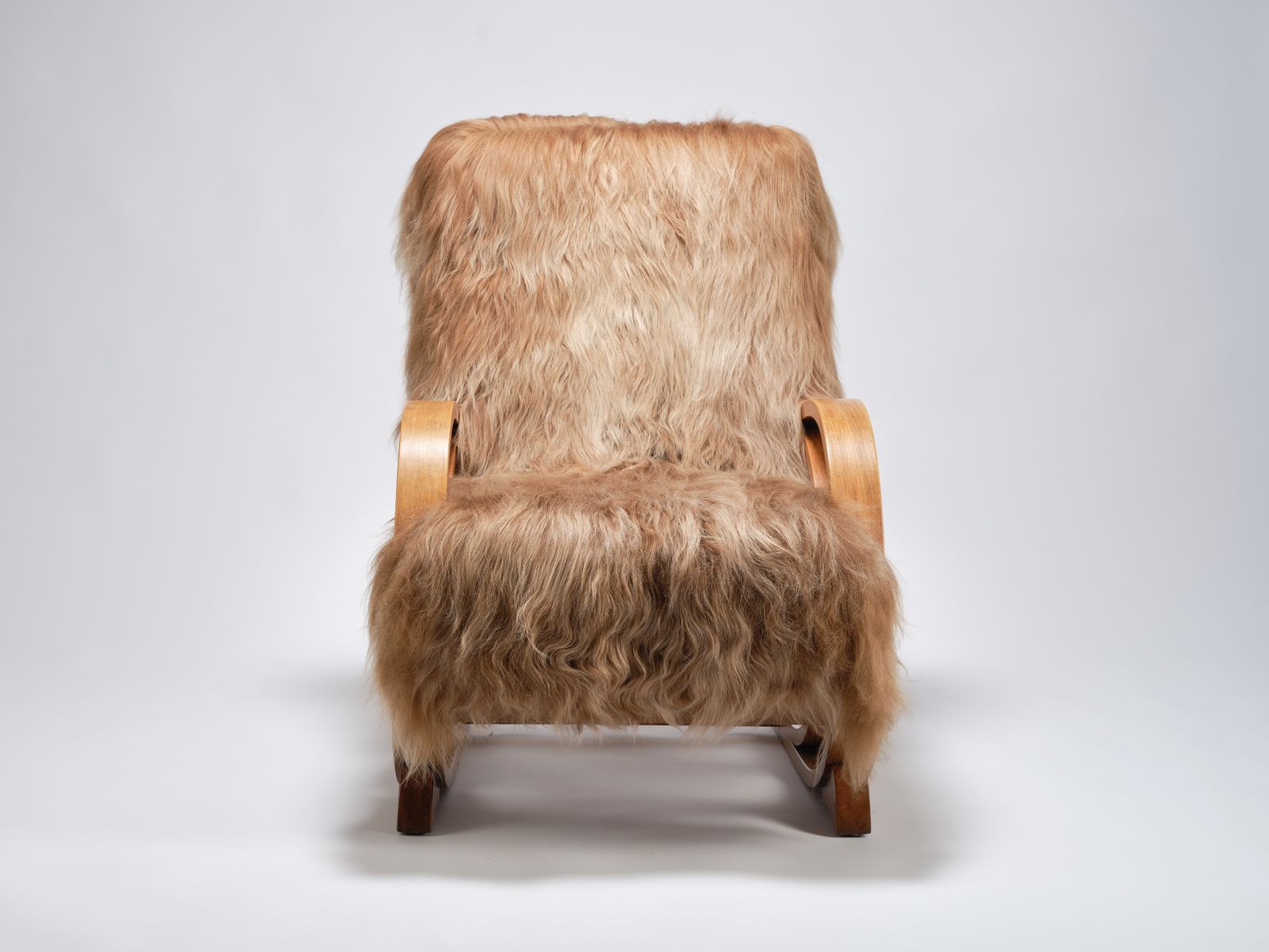 Unique & Rare Modernist Deco ‘Famulus’ By J P Hully Bentwood Sprung Seated Armchair Wrapped In Icelandic Sheepskin & Cognac Leather. Circa 1930s photo vinterior