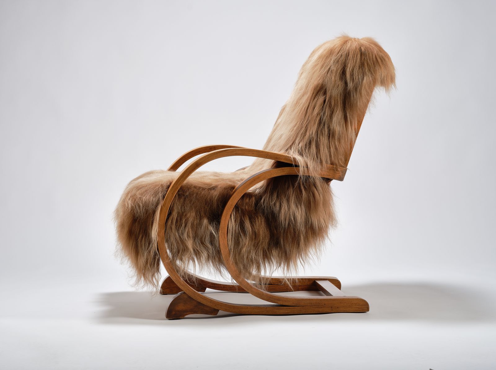 Unique & Rare Modernist Deco ‘Famulus’ By J P Hully Bentwood Sprung Seated Armchair Wrapped In Icelandic Sheepskin & Cognac Leather. Circa 1930s photo vintage