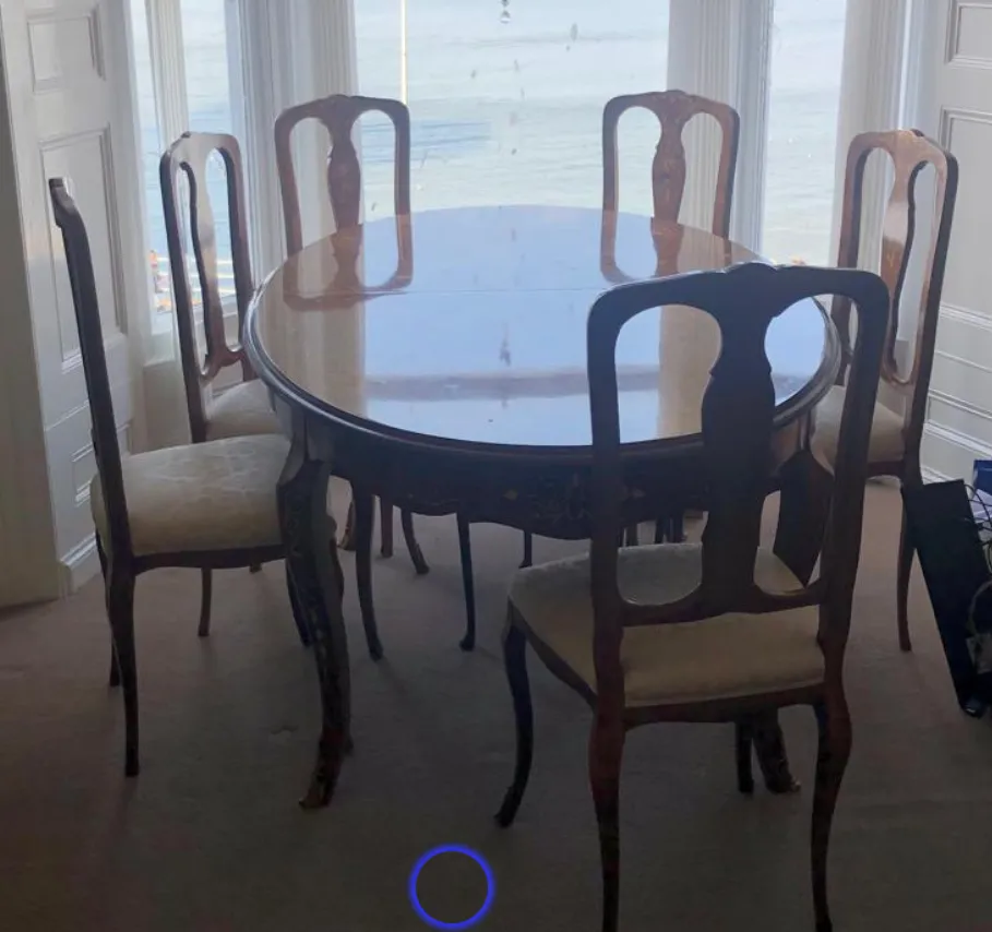 Italian Elegant Dinner Table, Intarsia Like Flower Motif, Golden Metal Adornment On Legs And Chairs photo buy