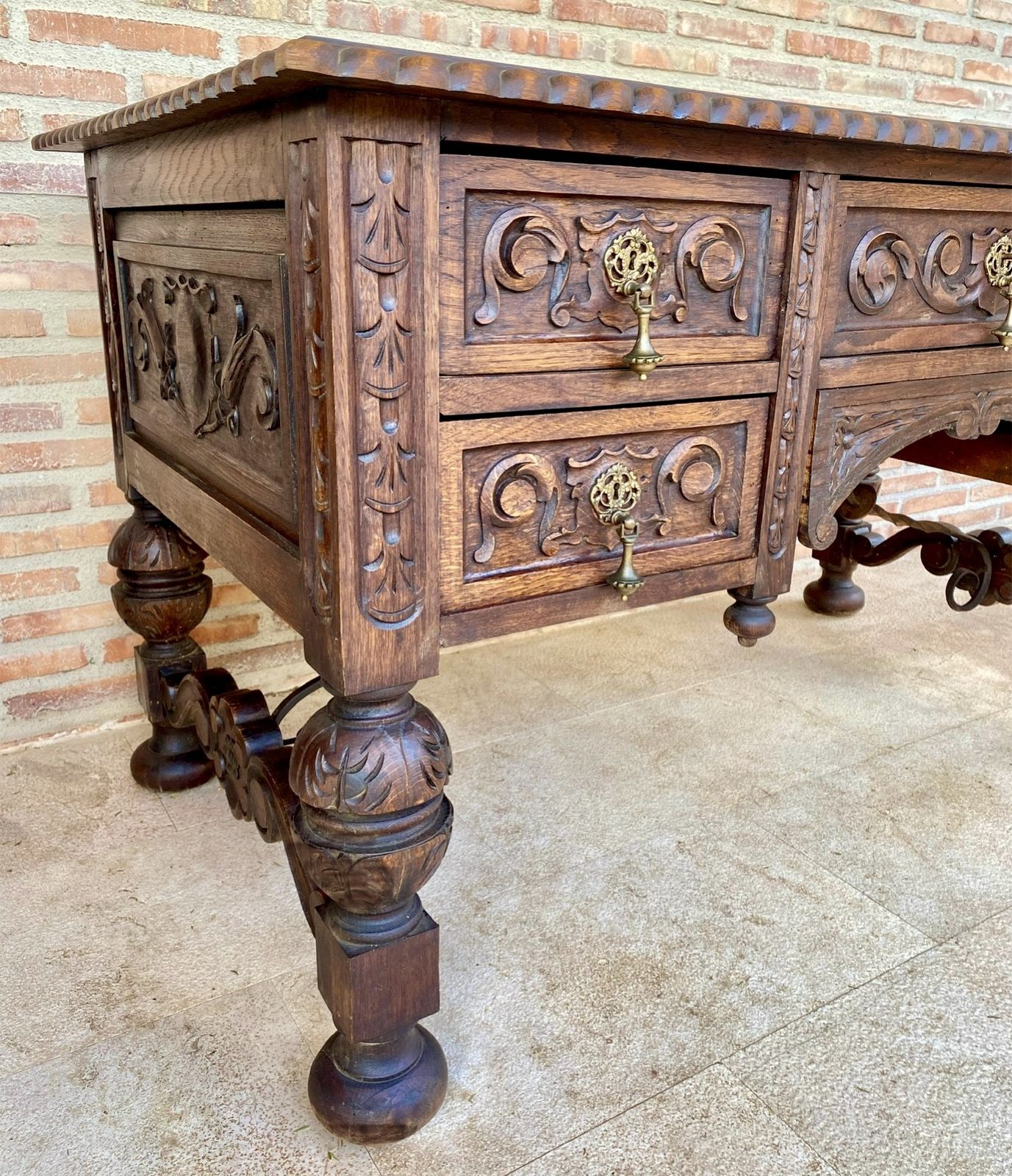 19th Century French Renaissance Hand Carved Desk Or Writing Table With Carved Structure And Iron Stretcher photo Furniture