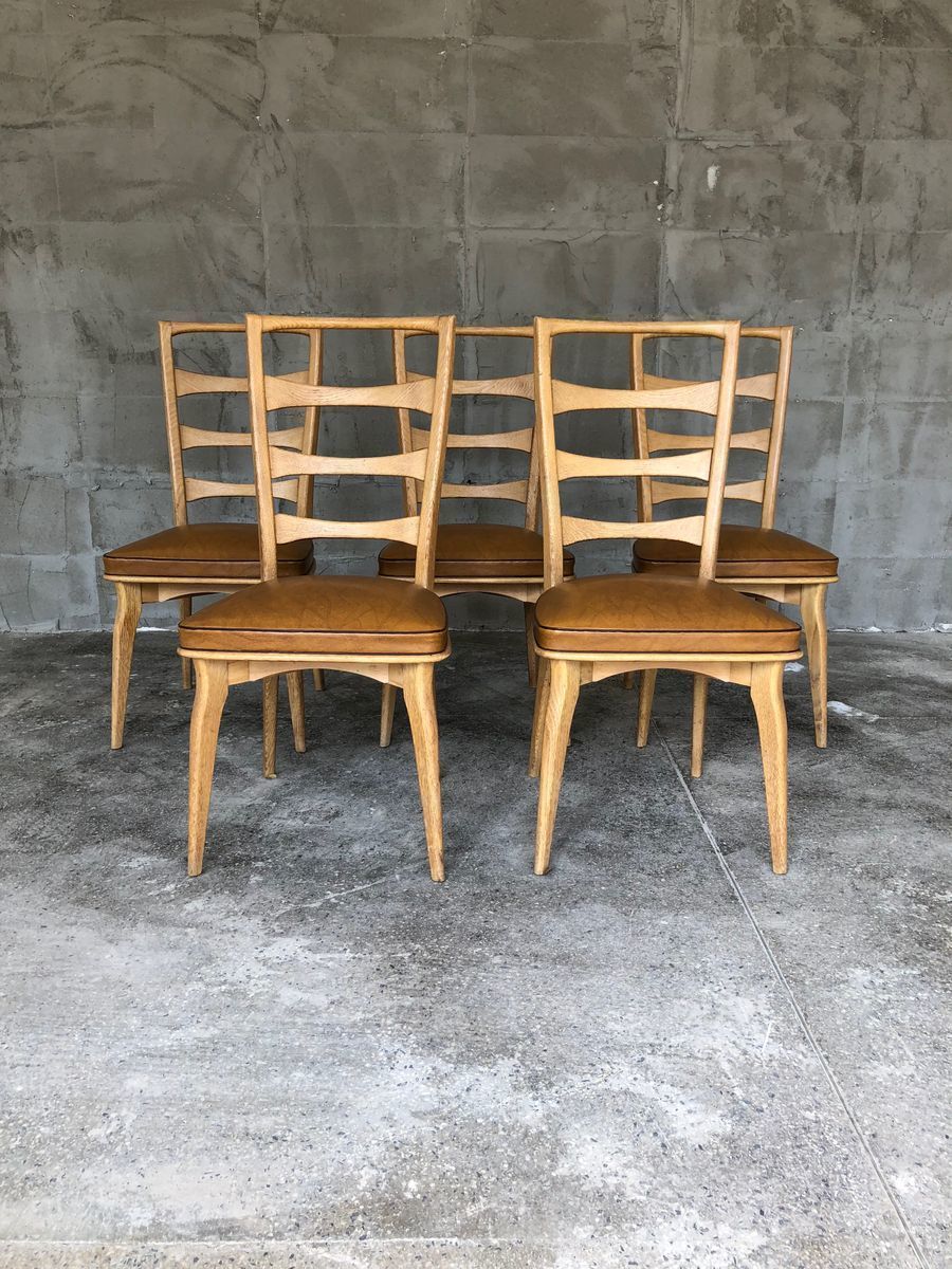 Art Deco French Oak Dining Chairs By Gaston Poisson, Set Of 5 photo for sale
