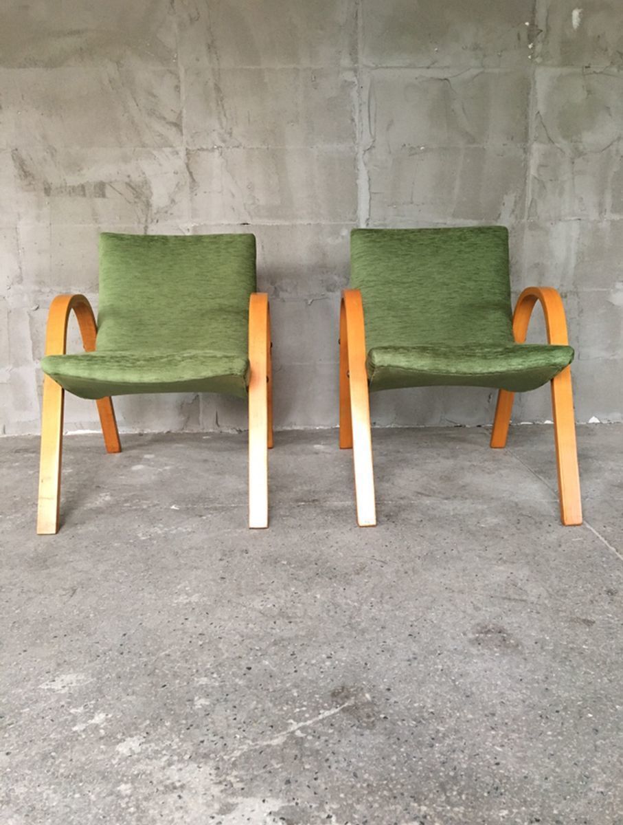 Mid Century French Bentwood Lounge Chairs By Hugues Steiner, Set Of 2 photo for sale