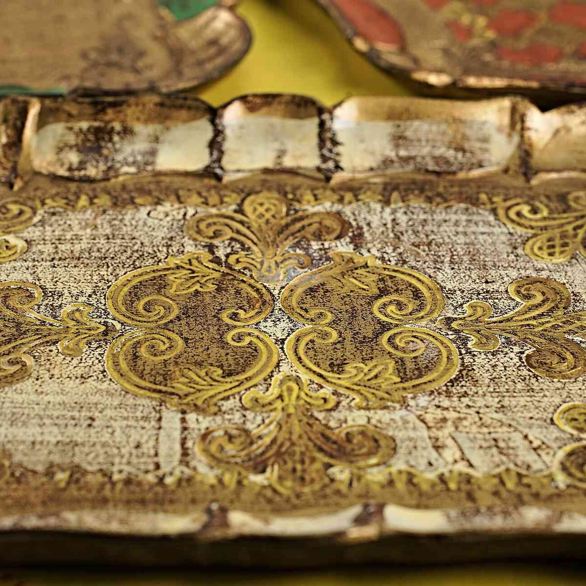 Set Of 3 Vintage Wooden Trays With Golden Decorations photo for sale