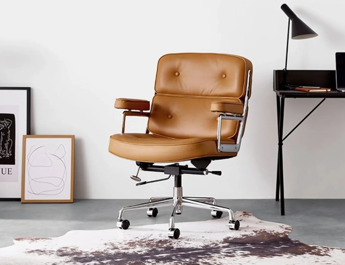 Mid Century Style Executive  Office Chair   Tan Brown Leather