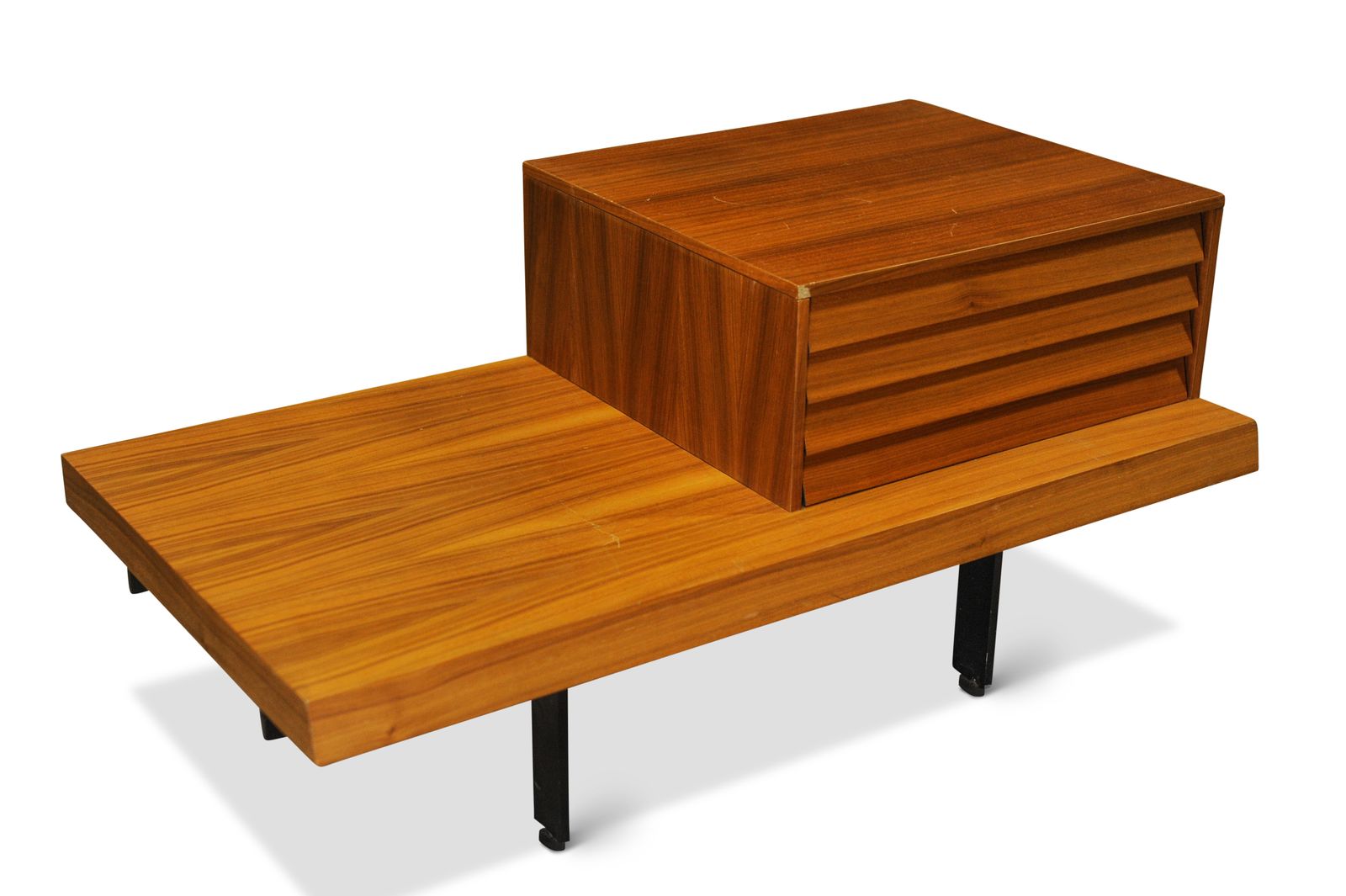 Pair Of Punt Mobles Side Tables With Louvre Effect Drawers Upon Metal Bases Made In Spain Ol photo for sale