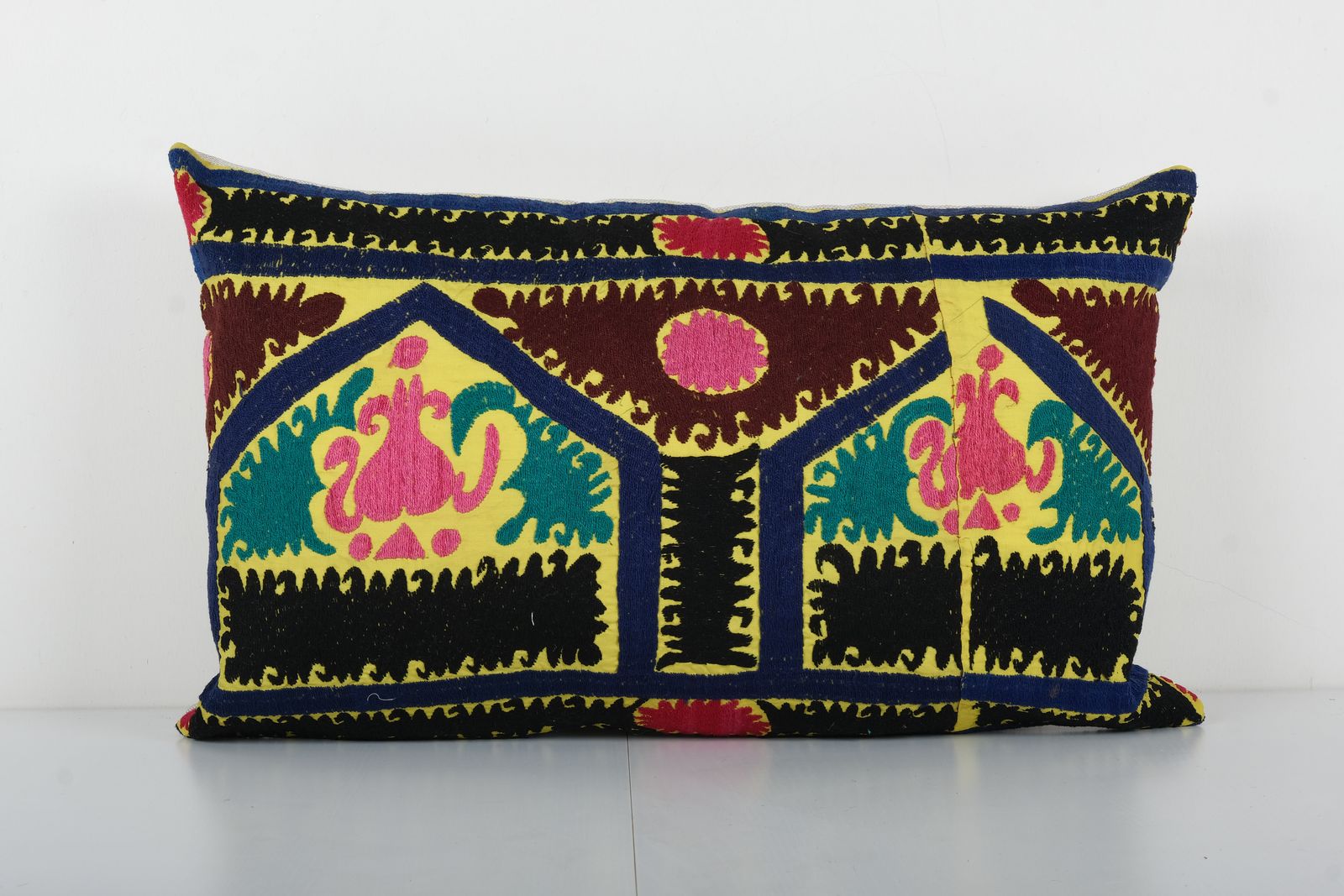 Suzani Bedding Pillow, Pastel Ethnic Lumbar Cushion Cover, Decorative Hand Embroidery Cushions