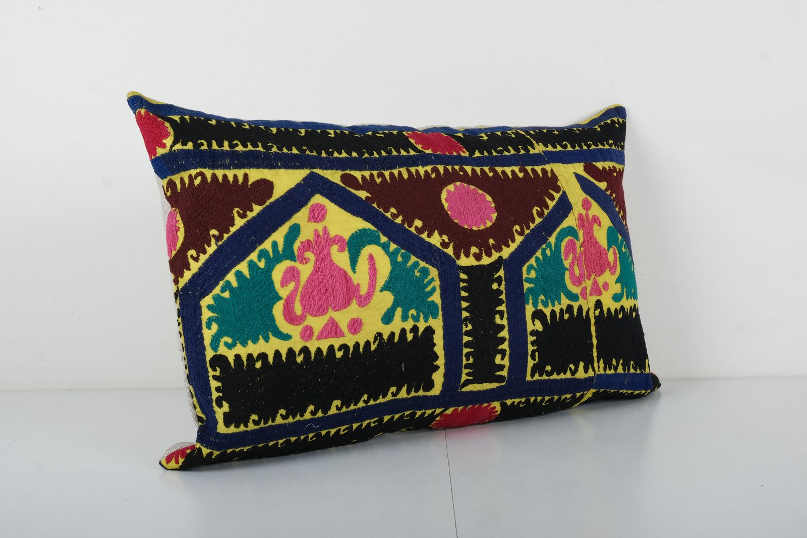 Suzani Bedding Pillow, Pastel Ethnic Lumbar Cushion Cover, Decorative Hand Embroidery Cushions photo furniture