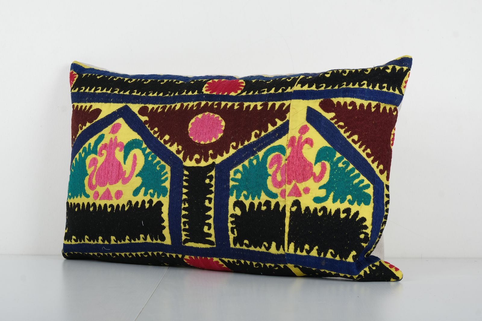 Suzani Bedding Pillow, Pastel Ethnic Lumbar Cushion Cover, Decorative Hand Embroidery Cushions photo Textiles