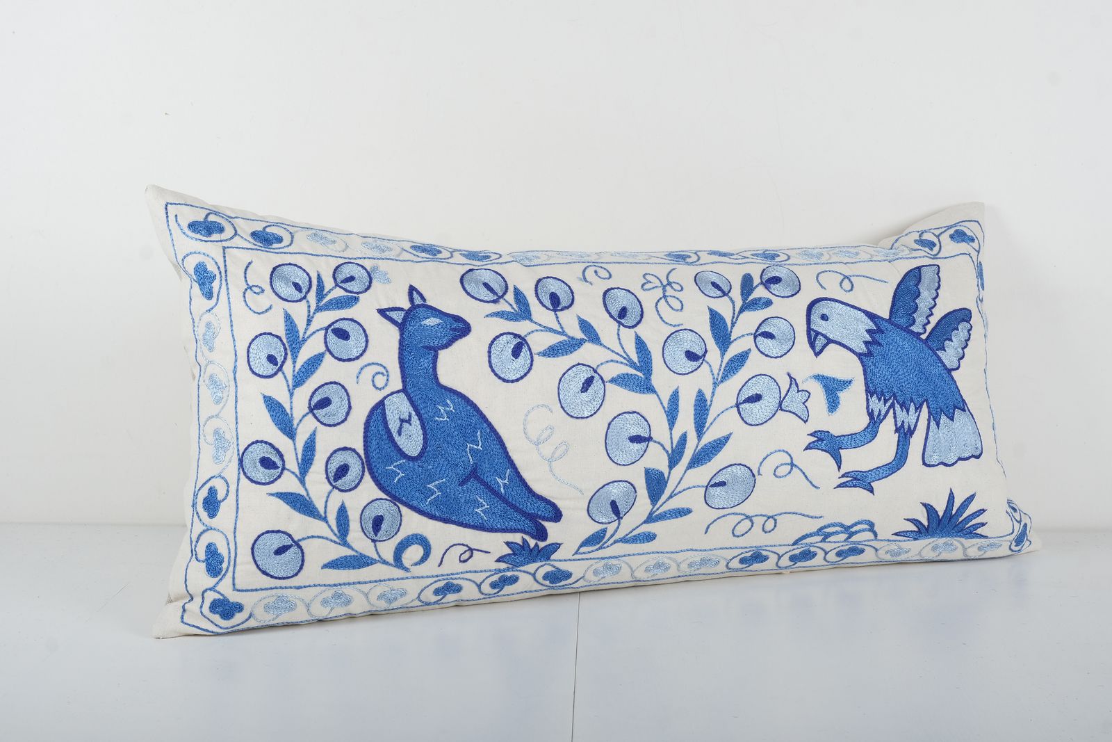 Tashkent Suzani Animal Bedding Pillow Case Made From Suzani, Lumbar Fish Blue Tashkent Cushion Cover photo for sale