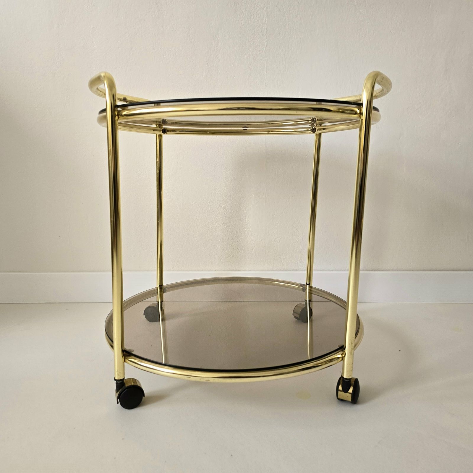 Vintage Mid Century Modern Trolley Brass Bar Cart With Smoked Glasses photo 429.0