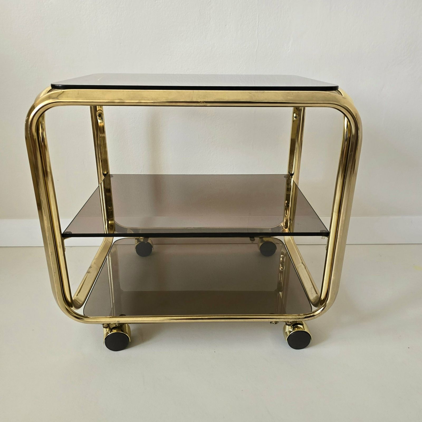 Vintage Hollywood Regency Barcart Van Messing En Rookglas photo furniture