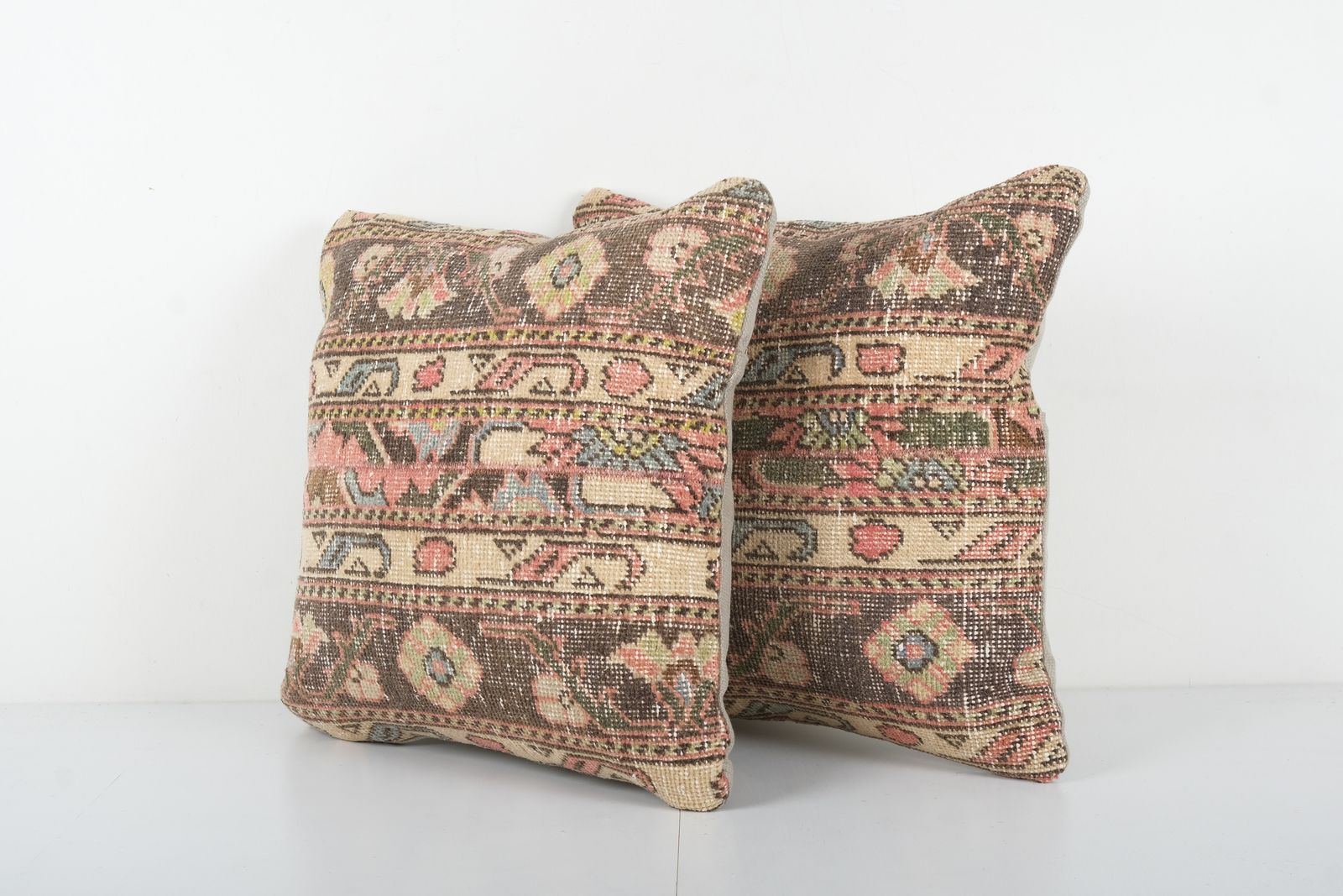 Vintage Striped Organic Turkish Pillow, Pair Brown And Tan Handwoven Oushak Carpet Pillow, Set Wool  Cover photo for sale