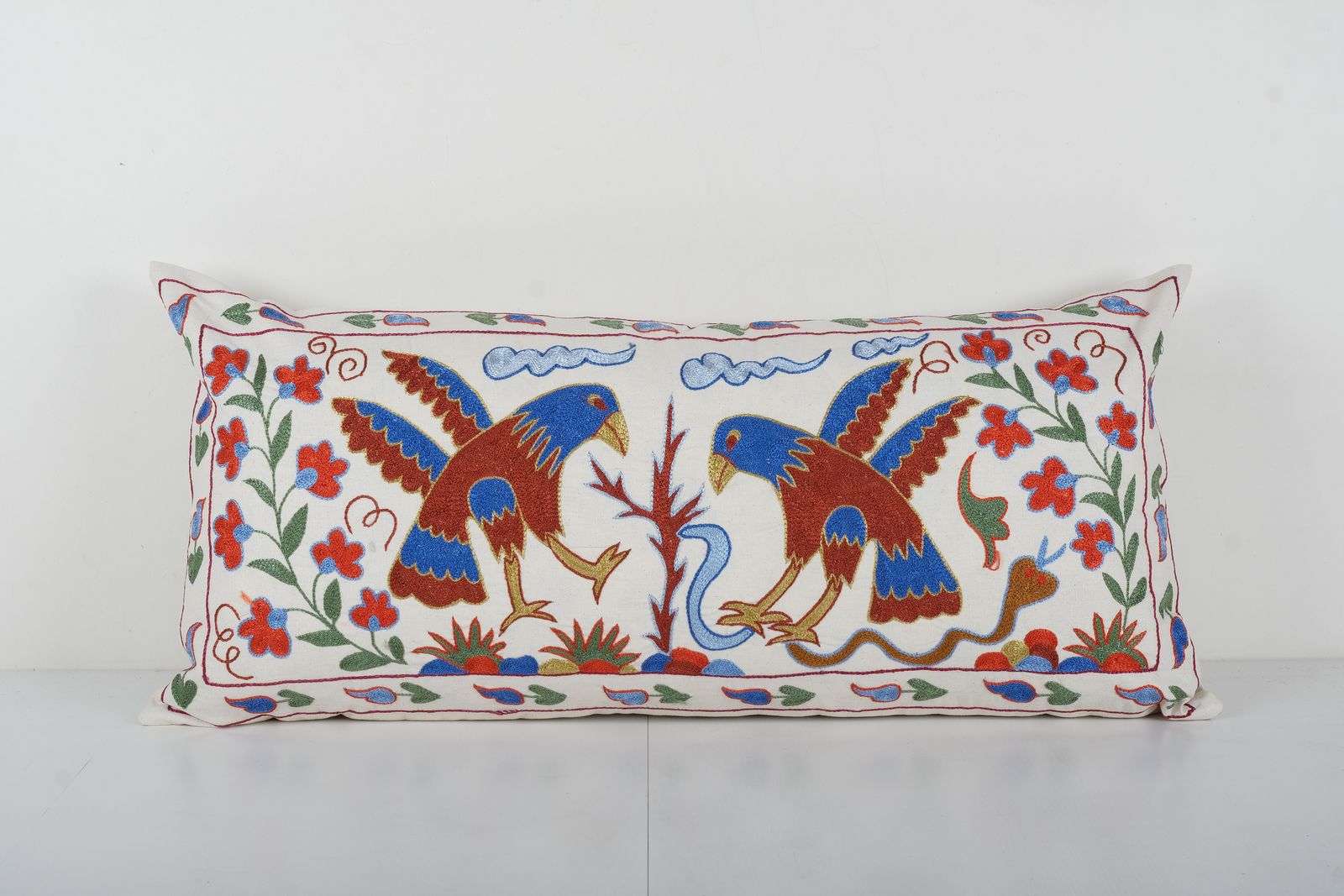 Animal Suzani Pillow Cover, Bird And Snack Tribal Cushion Cover, 1960s Samarkand Uzbek Suzani Textile