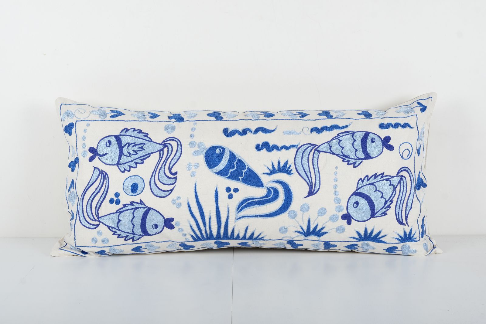 Animal Motif Suzani Pillow, Blue Embroidered Textile From Bukhara, Extra Long Bird Motif Suzani Bedding Cushion Cover