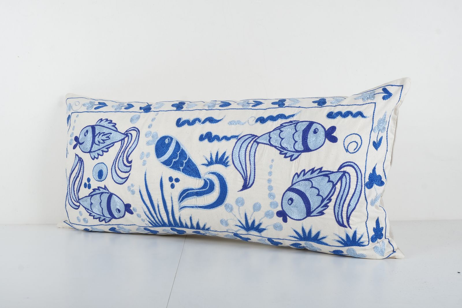Animal Motif Suzani Pillow, Blue Embroidered Textile From Bukhara, Extra Long Bird Motif Suzani Bedding Cushion Cover photo furniture