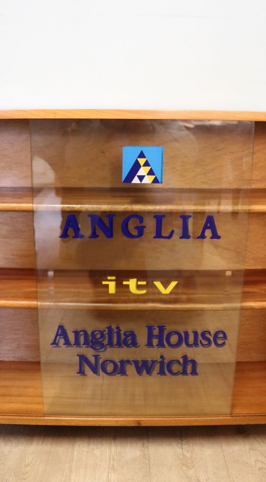 photo for sale A Lovely Quality Mid Century Bookcase Cabinet,  Later Sign Written For Anglia Television.