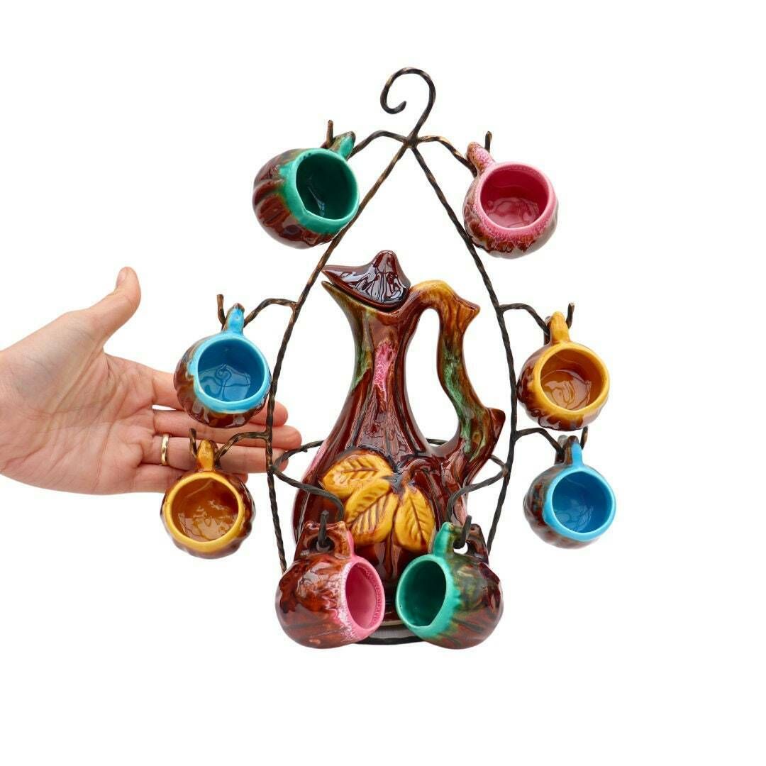 Mid Century Vallauris Pottery Licquor Shot Decanter Set With 8 Cups, Whimsical French Pottery Licquor Decanter Set On Metal Stand