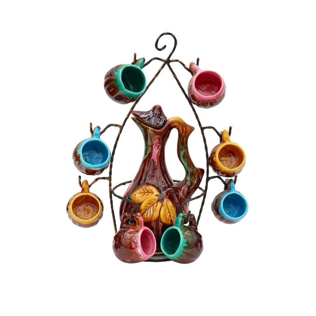 Mid Century Vallauris Pottery Licquor Shot Decanter Set With 8 Cups, Whimsical French Pottery Licquor Decanter Set On Metal Stand photo furniture