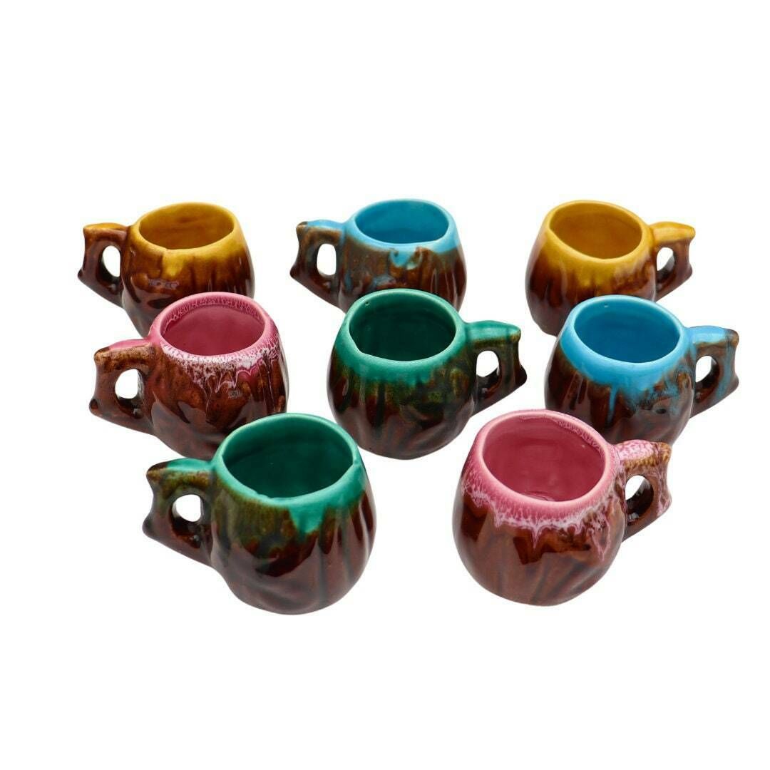 Mid Century Vallauris Pottery Licquor Shot Decanter Set With 8 Cups, Whimsical French Pottery Licquor Decanter Set On Metal Stand photo for sale