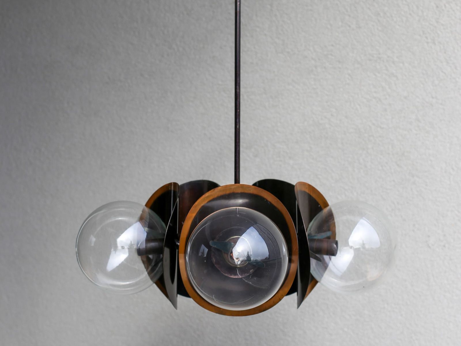Mid Century Modern Copper Globe Hanging Light Fixture / Brutalist Smoked Glass Sputnik Chandelier / Vintage Pendant Light / Yugoslavia