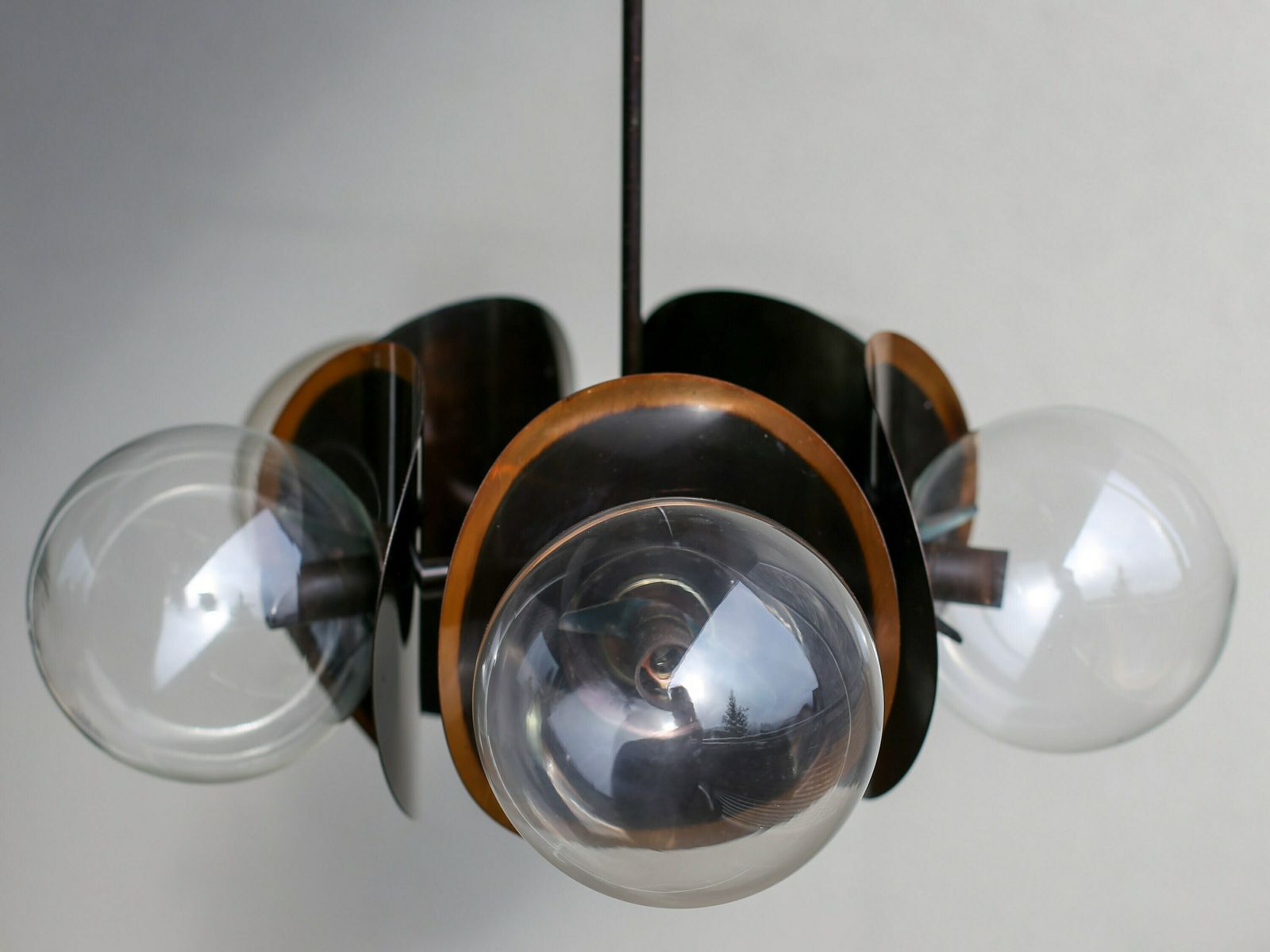Mid Century Modern Copper Globe Hanging Light Fixture / Brutalist Smoked Glass Sputnik Chandelier / Vintage Pendant Light / Yugoslavia photo for sale