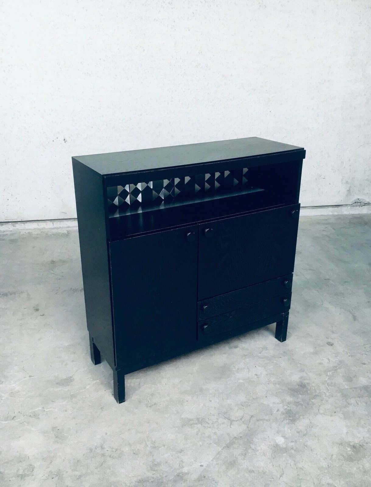 Furniture Brutalist Design Black Ebonized Dry Bar Cabinet, Belgium 1970's photo