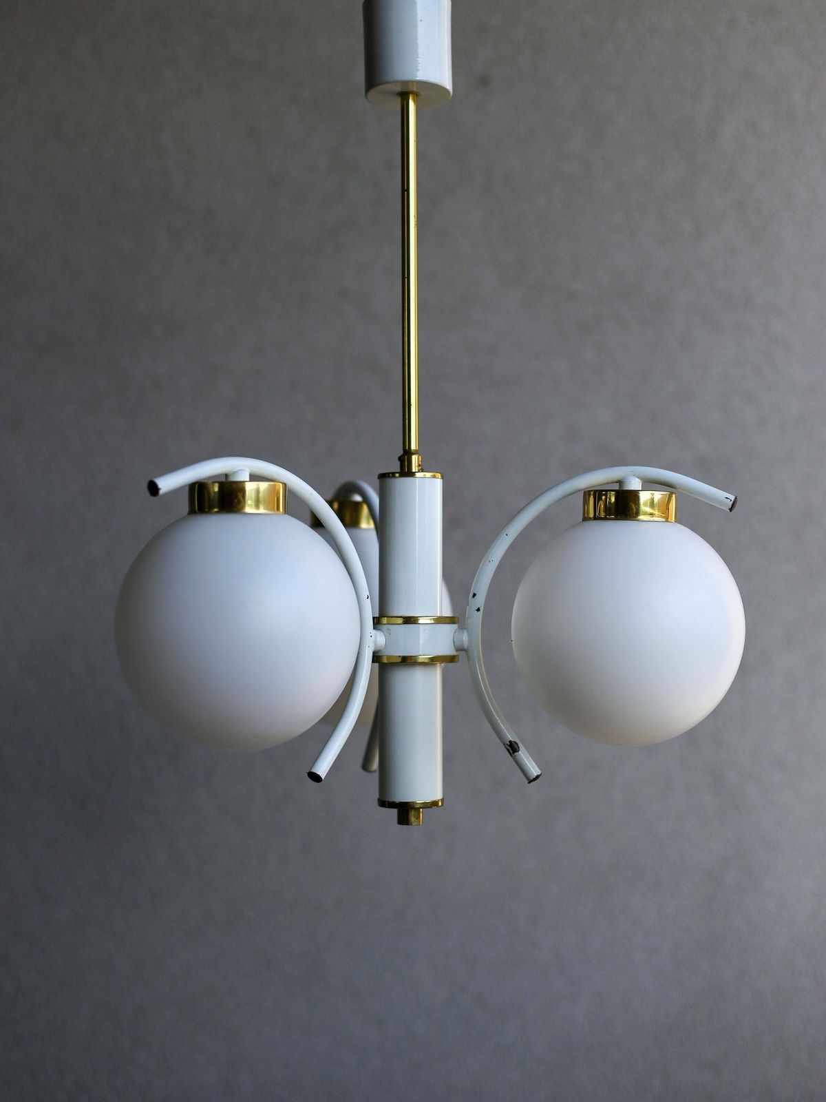 Vintage White Sputnik Pendant Lamp / Three Arm Chandelier / Mid Century Modern Pendant Lamp Made In Yugoslavia / Space Age Atomic Lamp photo furniture