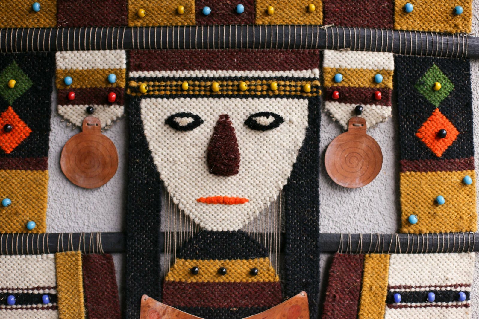 Xxl 1970s Beaded Bohemian Wall Hanging Tapestry / Mid Century Modernist Wall Hanging / Vintage Folk Art Tapestry / Ethnic Boho Chic Decor photo for sale
