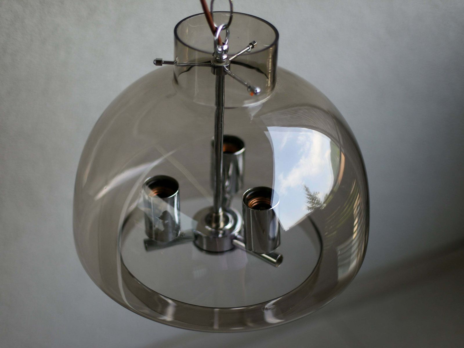 Mid Century Modern Smoky Glass Hanging Light Fixture / Vintage Pendant Lamp Yugoslavia / Mid Century Glass Chandelier / Space Age Lamp photo for sale