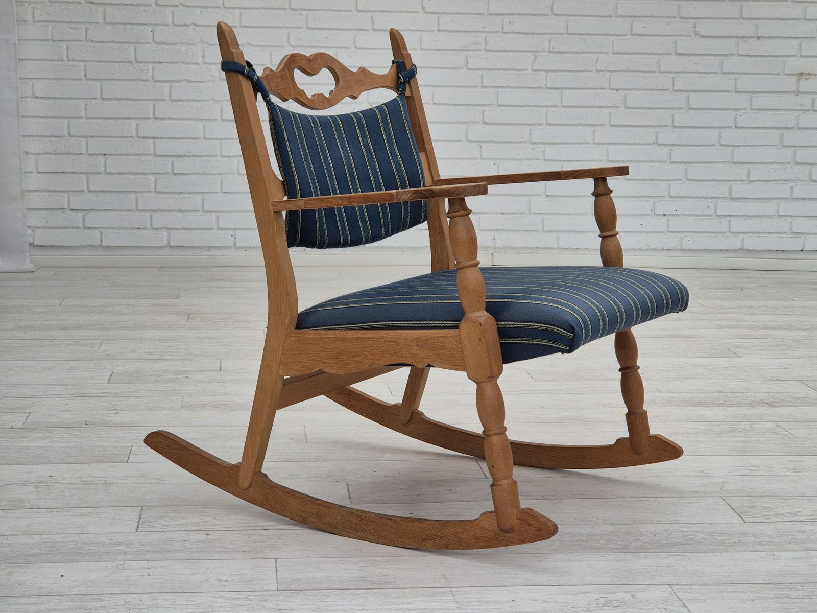 1970s, Danish Design, Oak Wood Rocking Chair With Footstool, Furniture Wool, Original Condition. photo for sale
