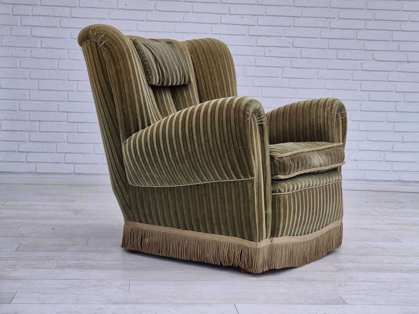 1960s, Danish Relax Armchair, Original Condition, Green Furniture Velour. photo Furniture