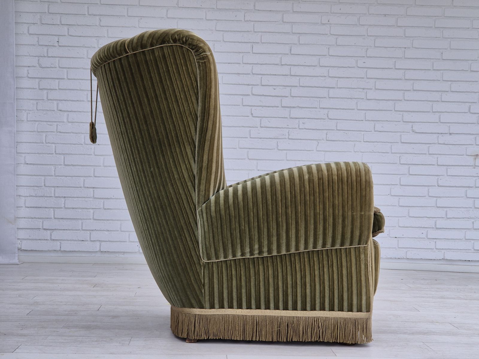 photo for sale 1960s, Danish Highback Relax Armchair, Original Condition, Green Furniture Velour.